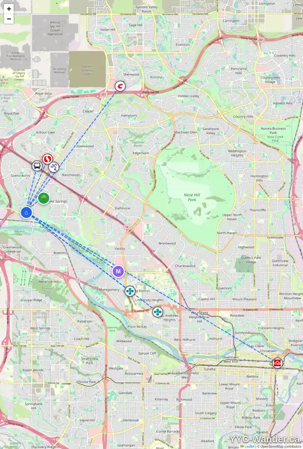Daily accessibility map for 202 SCIMITAR HE NW, Calgary showing nearby schools, grocery stores, parks, LRT stations and nearby amenities