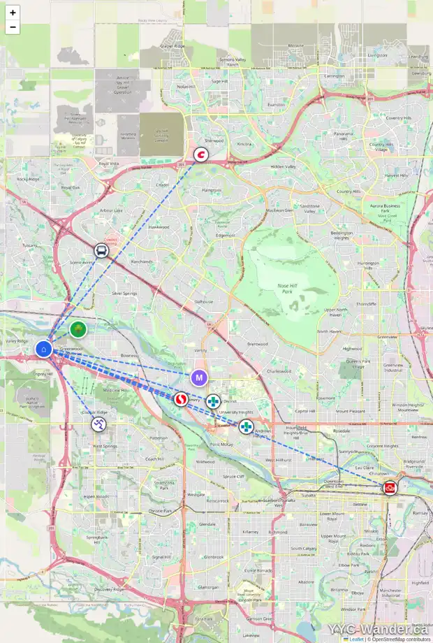 Daily accessibility map for 307 VALLEY BROOK CI NW, Calgary showing nearby schools, grocery stores, parks, LRT stations and nearby amenities