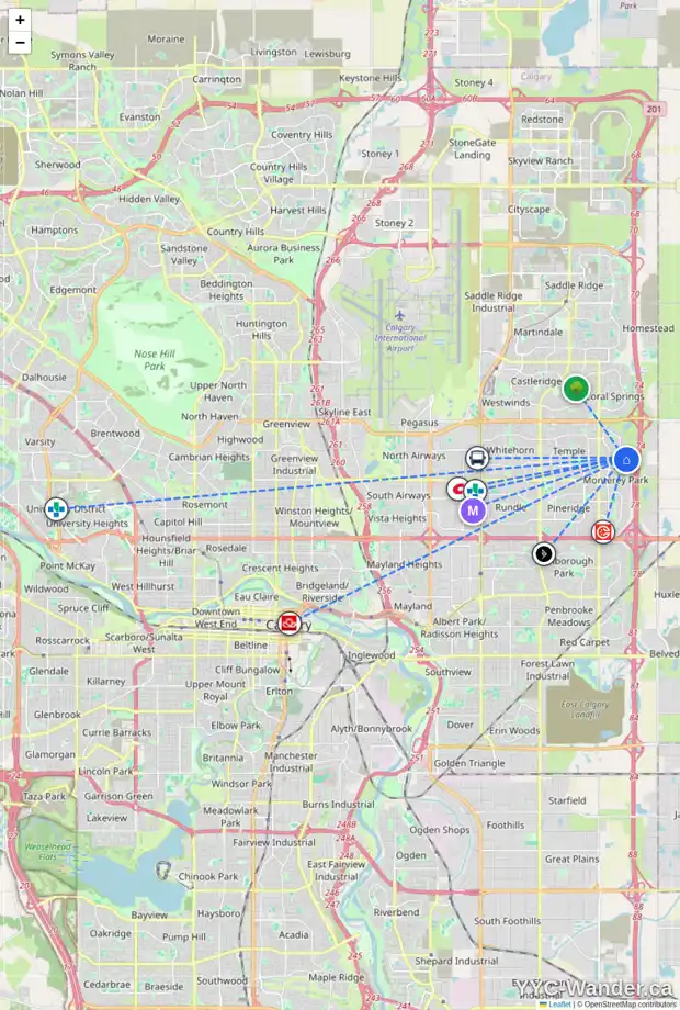 Daily accessibility map for 62 ANAHEIM CI NE, Calgary showing nearby schools, grocery stores, parks, LRT stations and nearby amenities