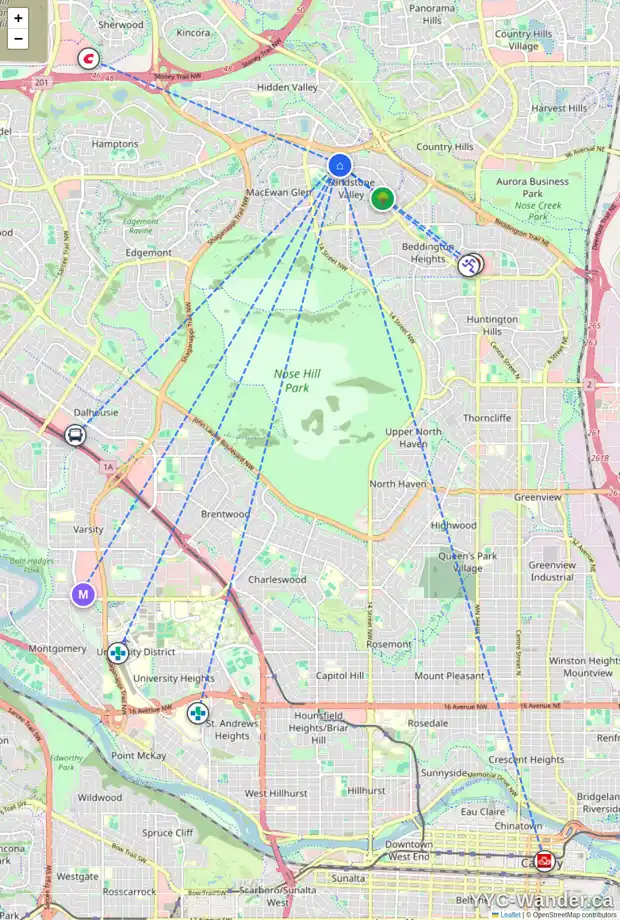 Daily accessibility map for 394 SANDALWOOD CL NW, Calgary showing nearby schools, grocery stores, parks, LRT stations and nearby amenities