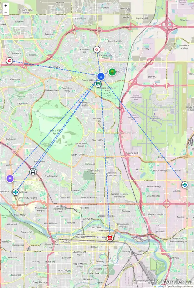 Daily accessibility map for 2154 COUNTRY HILLS CI NW, Calgary showing nearby schools, grocery stores, parks, LRT stations and nearby amenities