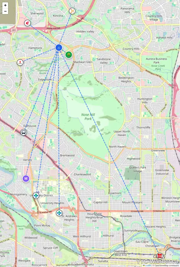 Daily accessibility map for 22 HAMPSTEAD MR NW, Calgary showing nearby schools, grocery stores, parks, LRT stations and nearby amenities
