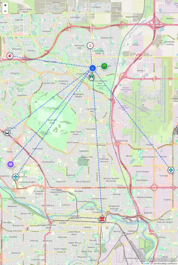 Daily accessibility map for 485 COUNTRY HILLS DR NW, Calgary showing nearby schools, grocery stores, parks, LRT stations and nearby amenities
