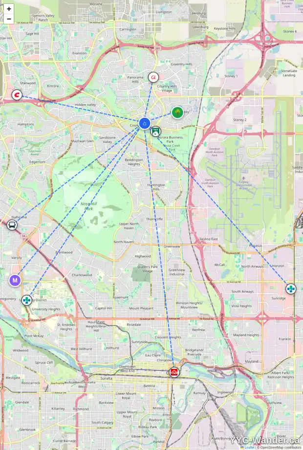 Daily accessibility map for 188 COUNTRY HILLS PA NW, Calgary showing nearby schools, grocery stores, parks, LRT stations and nearby amenities