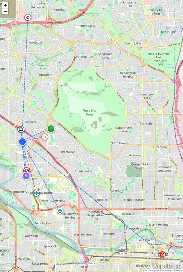 Daily accessibility map for 5011 VICEROY DR NW, Calgary showing nearby schools, grocery stores, parks, LRT stations and nearby amenities