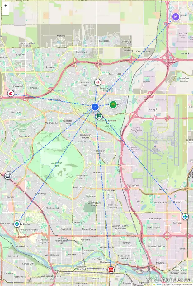 Daily accessibility map for 180 COUNTRY HILLS HT NW, Calgary showing nearby schools, grocery stores, parks, LRT stations and nearby amenities