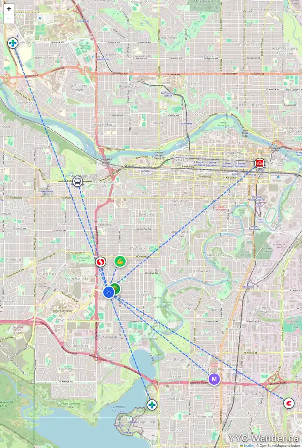 Daily accessibility map for 2275 FLANDERS AV SW, Calgary showing nearby schools, grocery stores, parks, LRT stations and nearby amenities