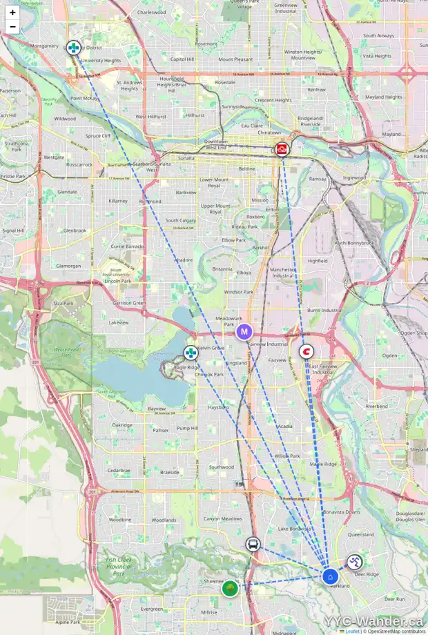 Daily accessibility map for 232 PARKSIDE WY SE, Calgary showing nearby schools, grocery stores, parks, LRT stations and nearby amenities