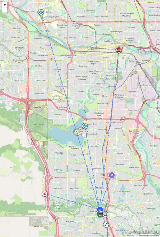 Daily accessibility map for 101 SHAWNEE RI SW, Calgary showing nearby schools, grocery stores, parks, LRT stations and nearby amenities