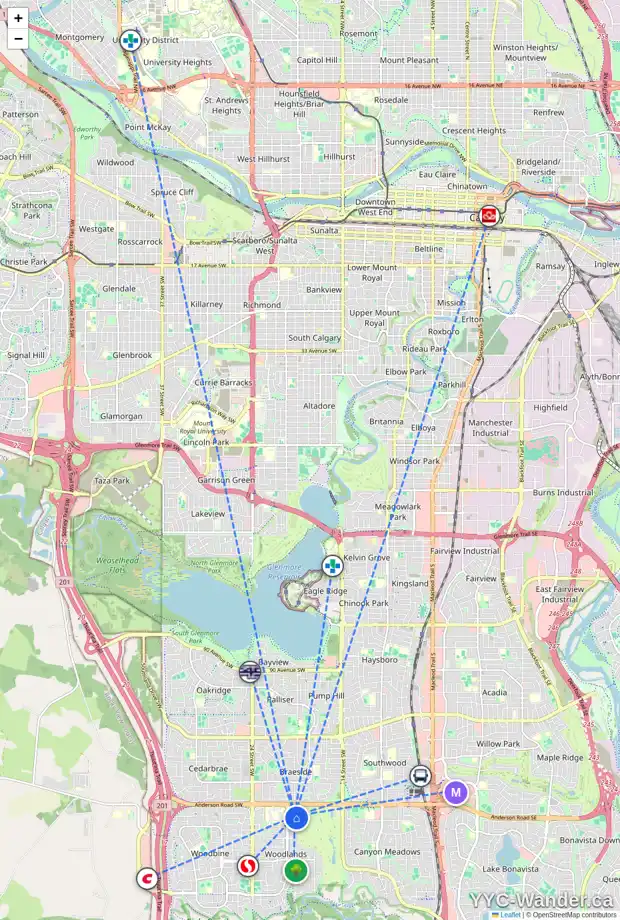 Daily accessibility map for 612 WOODPARK CR SW, Calgary showing nearby schools, grocery stores, parks, LRT stations and nearby amenities