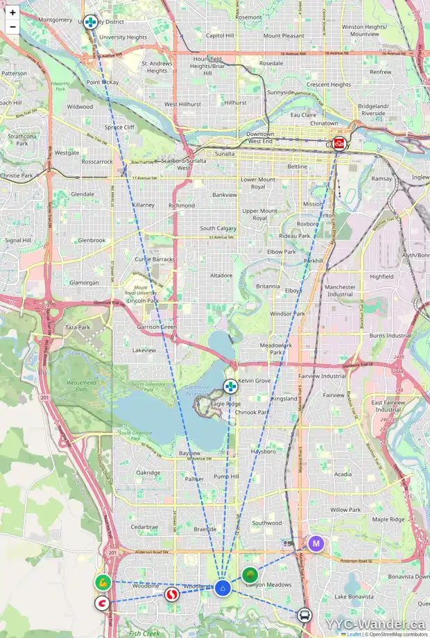 Daily accessibility map for 68 WOOD CR SW, Calgary showing nearby schools, grocery stores, parks, LRT stations and nearby amenities