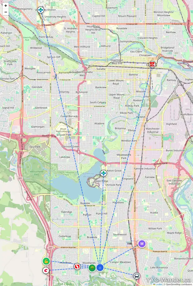 Daily accessibility map for 16 WOOD CR SW, Calgary showing nearby schools, grocery stores, parks, LRT stations and nearby amenities