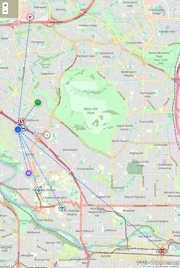 Daily accessibility map for 10 803 VARSITY ESTATES DR NW, Calgary showing nearby schools, grocery stores, parks, LRT stations and nearby amenities