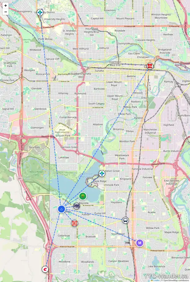 Daily accessibility map for 9503 OAKFIELD DR SW, Calgary showing nearby schools, grocery stores, parks, LRT stations and nearby amenities