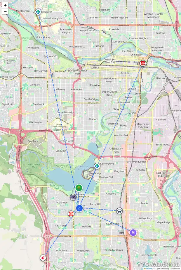 Daily accessibility map for 95 PALIS WY SW, Calgary showing nearby schools, grocery stores, parks, LRT stations and nearby amenities
