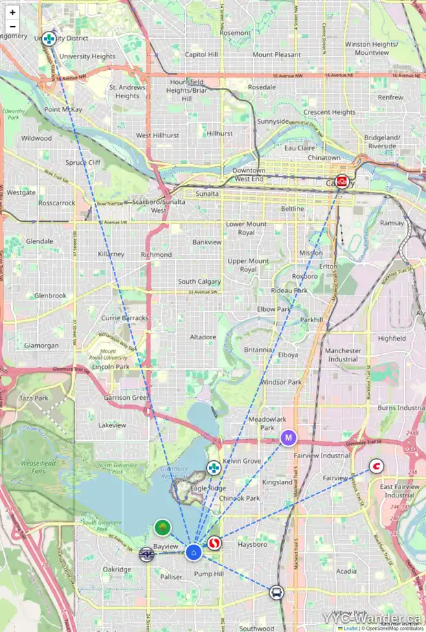 Daily accessibility map for 9016 BAY CROFT RD SW, Calgary showing nearby schools, grocery stores, parks, LRT stations and nearby amenities