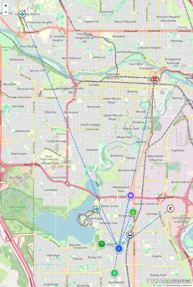 Daily accessibility map for 382 8948 ELBOW DR SW, Calgary showing nearby schools, grocery stores, parks, LRT stations and nearby amenities