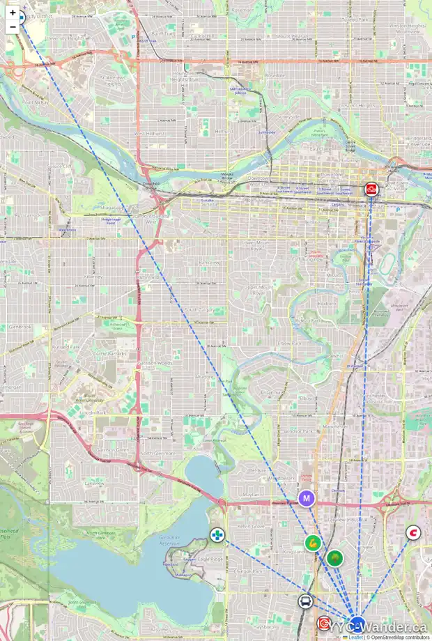 Daily accessibility map for 350 ASHLEY CR SE, Calgary showing nearby schools, grocery stores, parks, LRT stations and nearby amenities