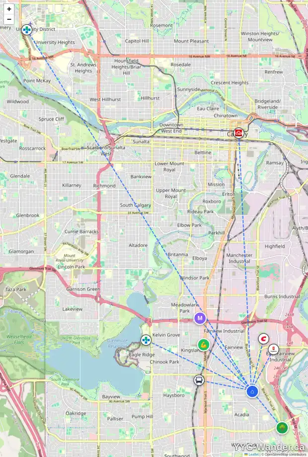 Daily accessibility map for 75 ALDERWOOD CL SE, Calgary showing nearby schools, grocery stores, parks, LRT stations and nearby amenities