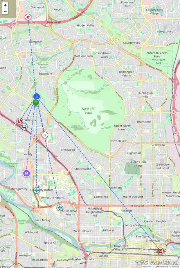 Daily accessibility map for 196 EDGEMONT ESTATES DR NW, Calgary showing nearby schools, grocery stores, parks, LRT stations and nearby amenities