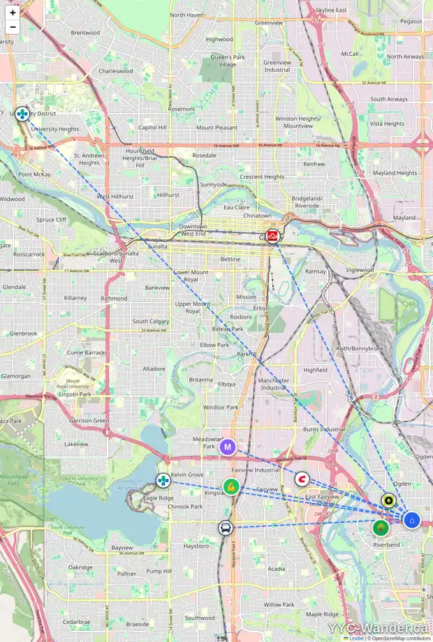 Daily accessibility map for 1512 OLYMPIA DR SE, Calgary showing nearby schools, grocery stores, parks, LRT stations and nearby amenities