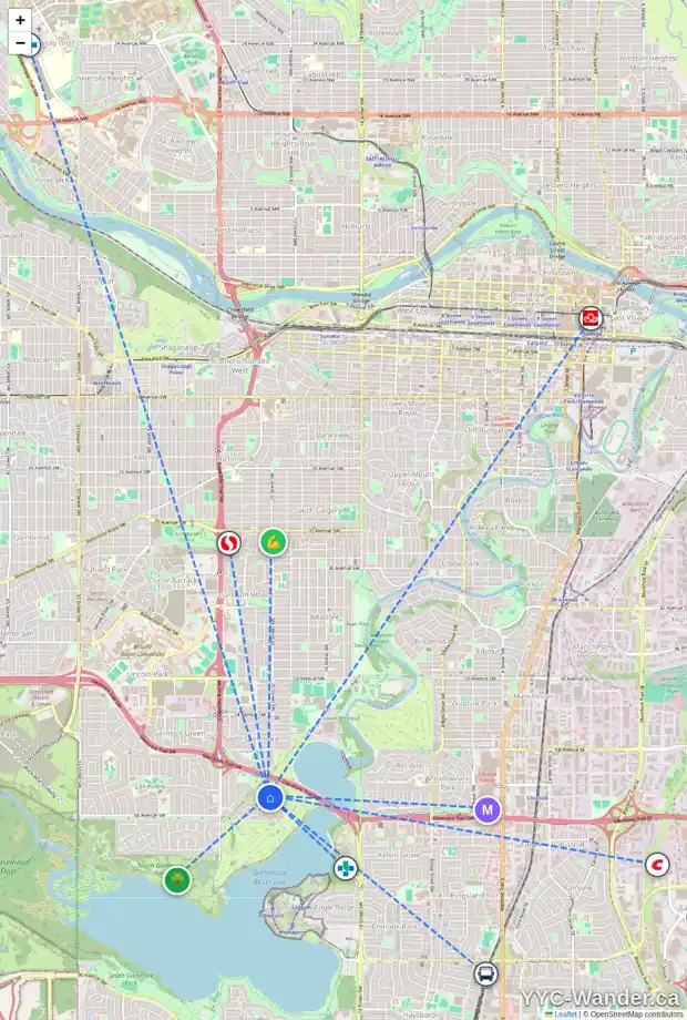 Daily accessibility map for 6440 LAURENTIAN WY SW, Calgary showing nearby schools, grocery stores, parks, LRT stations and nearby amenities