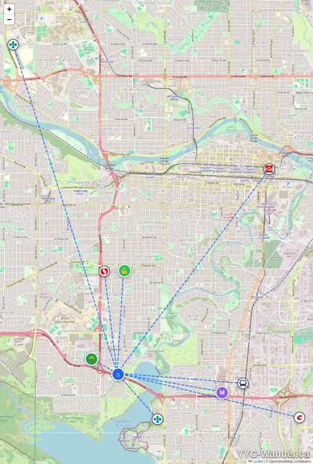 Daily accessibility map for 2228 LANGRIVILLE DR SW, Calgary showing nearby schools, grocery stores, parks, LRT stations and nearby amenities