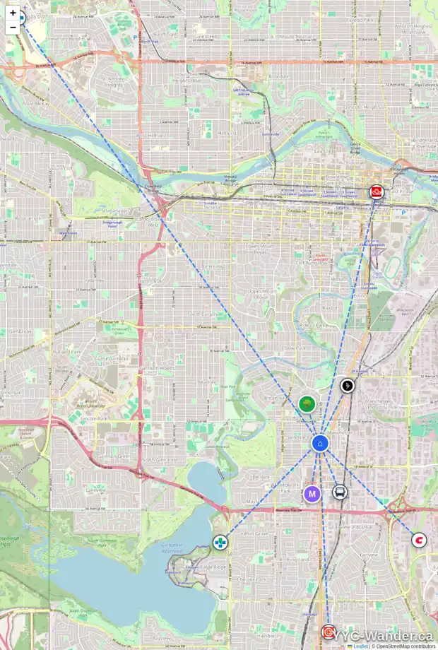 Daily accessibility map for 406 54 AV SW, Calgary showing nearby schools, grocery stores, parks, LRT stations and nearby amenities