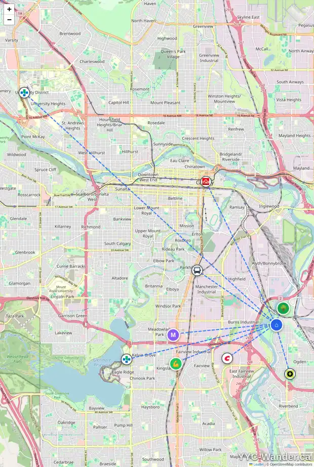 Daily accessibility map for 11 LYNNVIEW CO SE, Calgary showing nearby schools, grocery stores, parks, LRT stations and nearby amenities