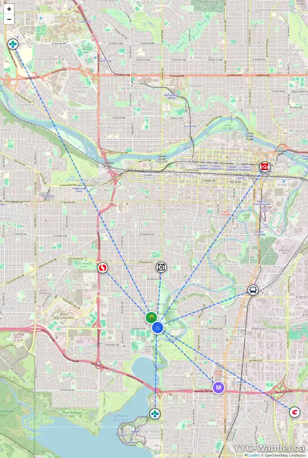 Daily accessibility map for 5015 14A ST SW, Calgary showing nearby schools, grocery stores, parks, LRT stations and nearby amenities
