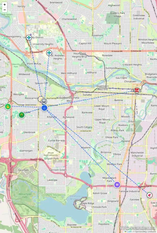 Daily accessibility map for 1932 34 ST SW, Calgary showing nearby schools, grocery stores, parks, LRT stations and nearby amenities