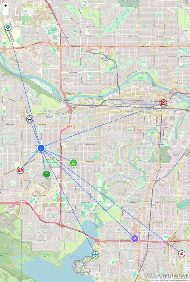 Daily accessibility map for 2823 29 ST SW, Calgary showing nearby schools, grocery stores, parks, LRT stations and nearby amenities