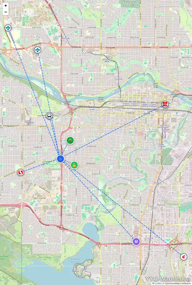 Daily accessibility map for 3220 24A ST SW, Calgary showing nearby schools, grocery stores, parks, LRT stations and nearby amenities