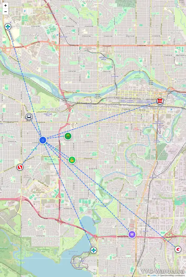 Daily accessibility map for 2609 28 ST SW, Calgary showing nearby schools, grocery stores, parks, LRT stations and nearby amenities