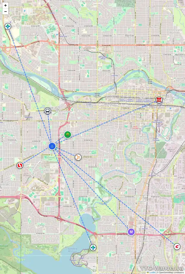 Daily accessibility map for 2618 RICHMOND RD SW, Calgary showing nearby schools, grocery stores, parks, LRT stations and nearby amenities