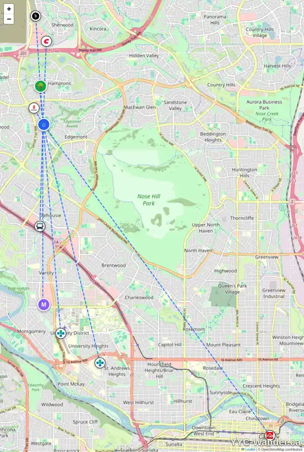 Daily accessibility map for 15 EDGEPARK RI NW, Calgary showing nearby schools, grocery stores, parks, LRT stations and nearby amenities
