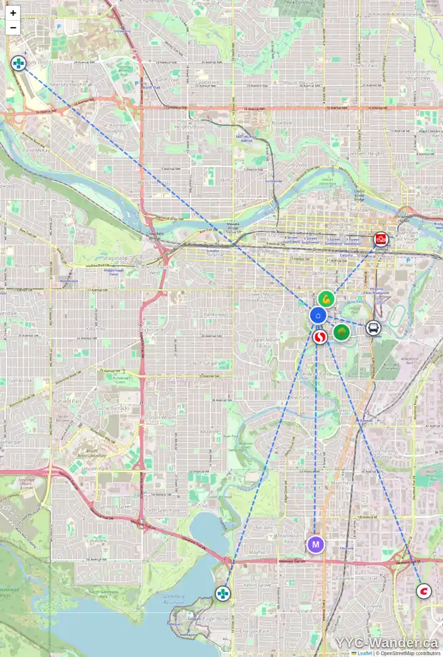 Daily accessibility map for 531 21 AV SW, Calgary showing nearby schools, grocery stores, parks, LRT stations and nearby amenities