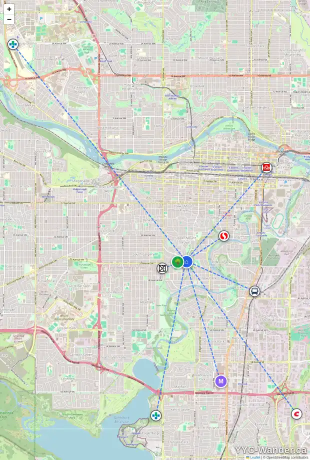 Daily accessibility map for 1013 32 AV SW, Calgary showing nearby schools, grocery stores, parks, LRT stations and nearby amenities