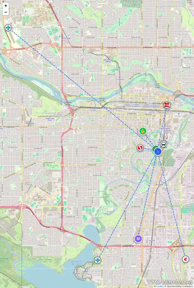 Daily accessibility map for 2625 ERLTON ST SW, Calgary showing nearby schools, grocery stores, parks, LRT stations and nearby amenities