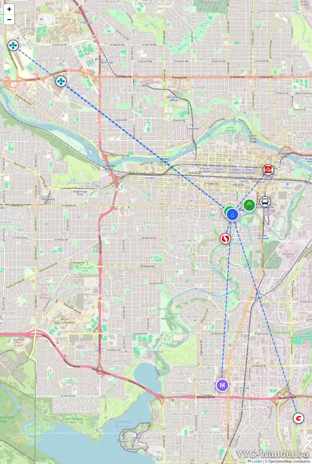 Daily accessibility map for 303 329 19 AV SW, Calgary showing nearby schools, grocery stores, parks, LRT stations and nearby amenities