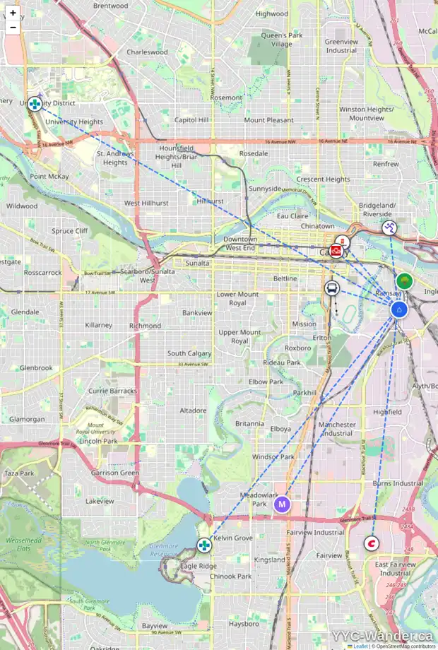 Daily accessibility map for 1028 21 AV SE, Calgary showing nearby schools, grocery stores, parks, LRT stations and nearby amenities