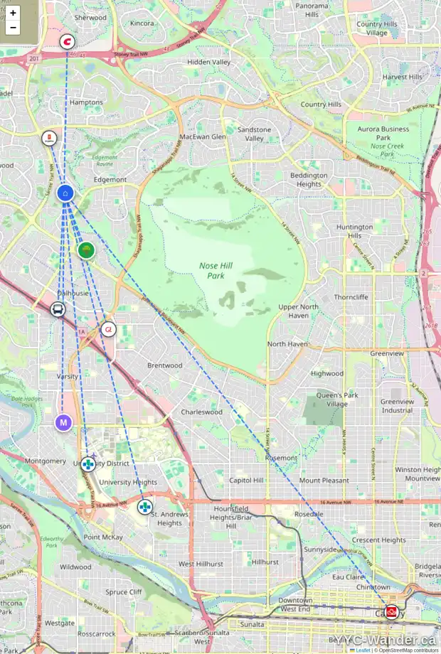 Daily accessibility map for 24 EDGELAND RD NW, Calgary showing nearby schools, grocery stores, parks, LRT stations and nearby amenities