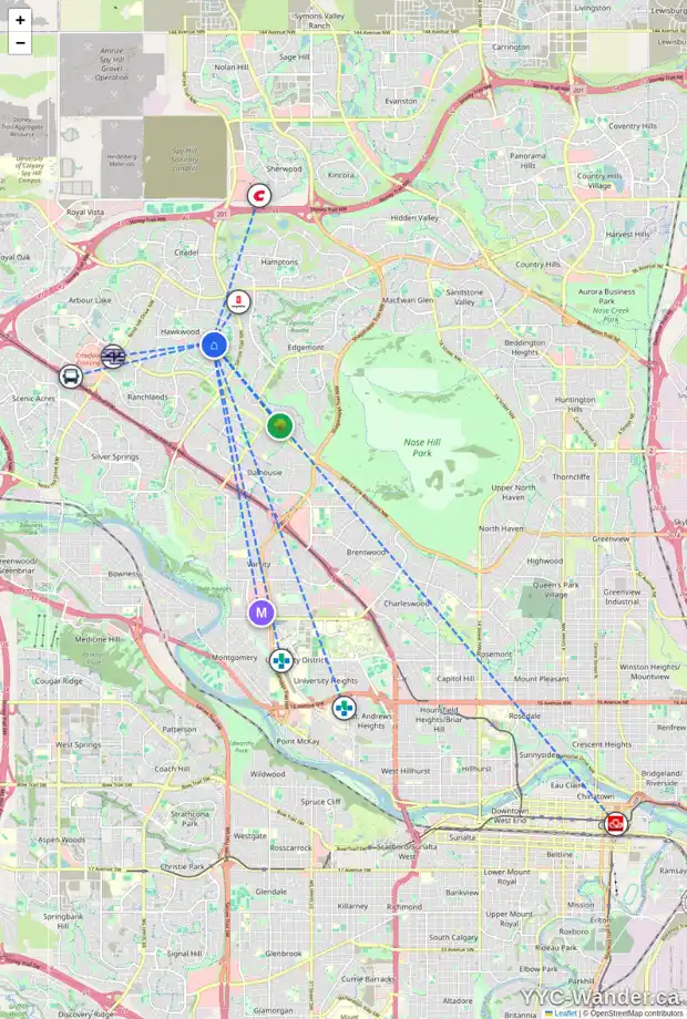 Daily accessibility map for 256 HAWKWOOD BV NW, Calgary showing nearby schools, grocery stores, parks, LRT stations and nearby amenities