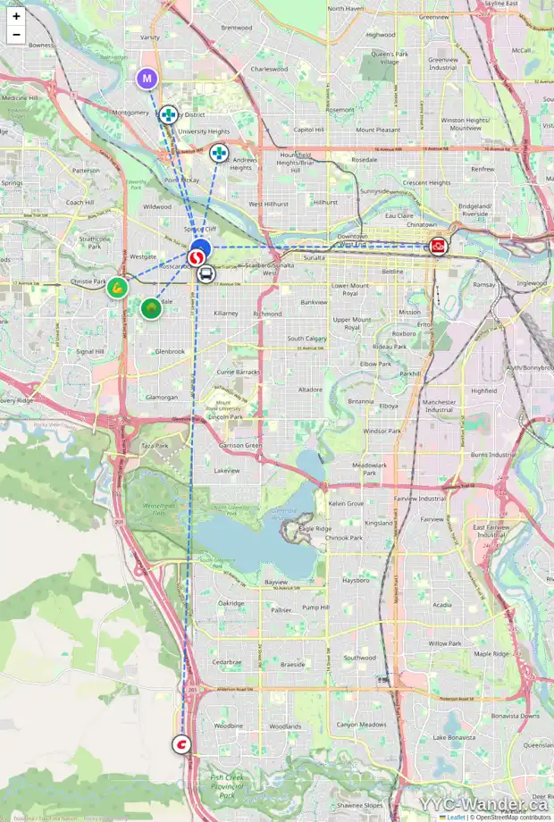 Daily accessibility map for 3531 7 AV SW, Calgary showing nearby schools, grocery stores, parks, LRT stations and nearby amenities