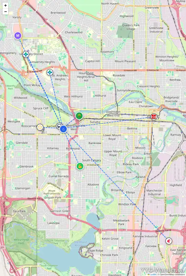 Daily accessibility map for 1421 25A ST SW, Calgary showing nearby schools, grocery stores, parks, LRT stations and nearby amenities
