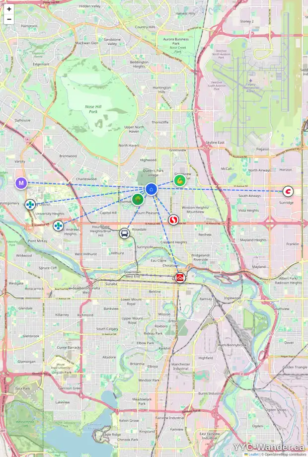 Daily accessibility map for 3128 5A ST NW, Calgary showing nearby schools, grocery stores, parks, LRT stations and nearby amenities