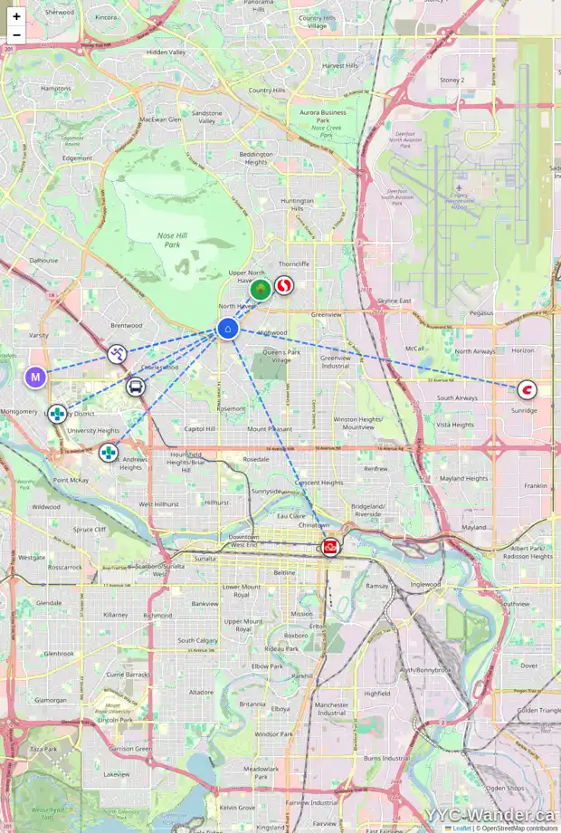 Daily accessibility map for 1335 NORTHCOTE RD NW, Calgary showing nearby schools, grocery stores, parks, LRT stations and nearby amenities