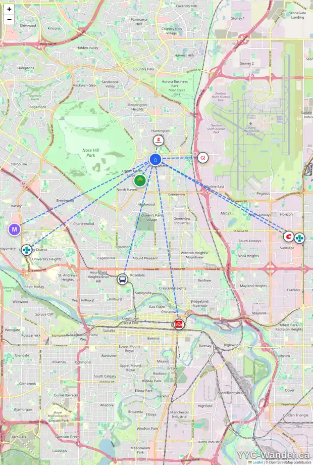 Daily accessibility map for 6321 4 ST NW, Calgary showing nearby schools, grocery stores, parks, LRT stations and nearby amenities