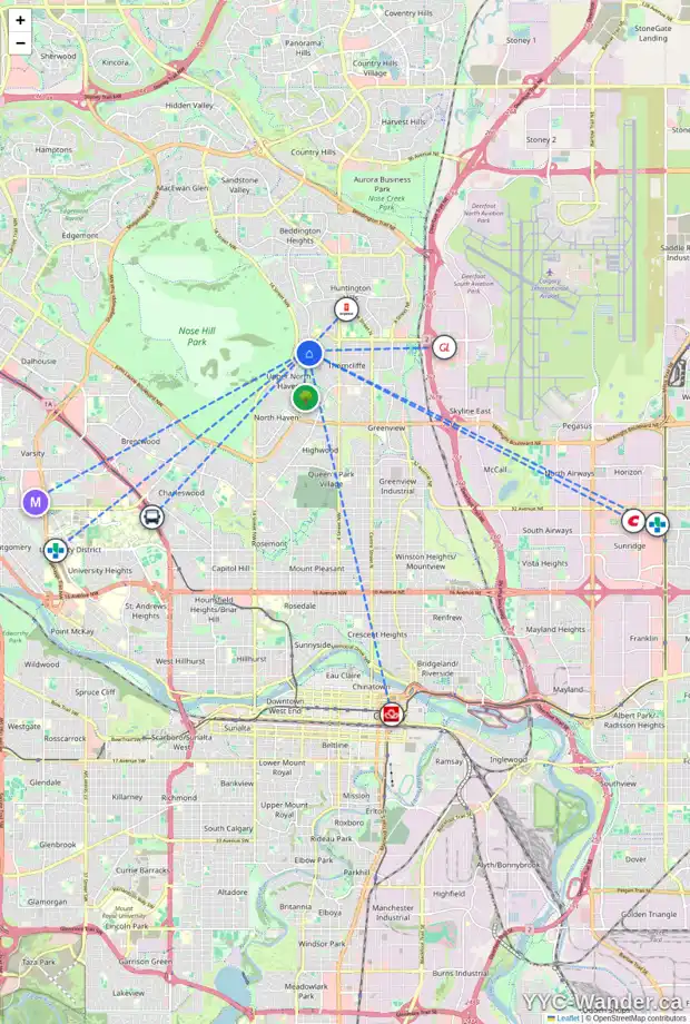 Daily accessibility map for 32 THORNWOOD CL NW, Calgary showing nearby schools, grocery stores, parks, LRT stations and nearby amenities
