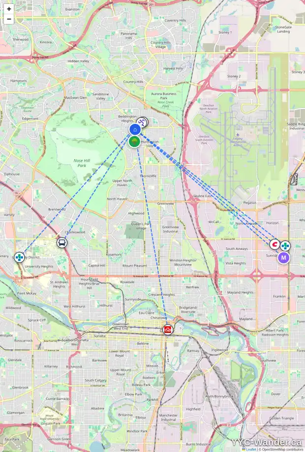 Daily accessibility map for 744 HUNTERSTON CR NW, Calgary showing nearby schools, grocery stores, parks, LRT stations and nearby amenities